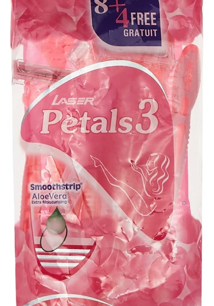 Laser Petals 3 Three Blade Disposable Shaving Razor for Women - 12 Count with Aloe & Vitamin E Moisturizing Strip - Image 1