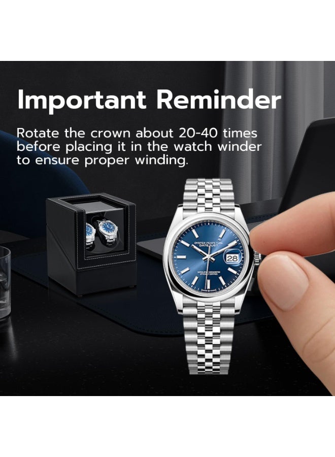 كيل › 2 فتحات لملف الساعات الأوتوماتيكية، صندوق مزدوج لملف الساعات الأوتوماتيكية بمحرك هادئ، صندوق عرض وتخزين وتدوير الساعات الأوتوماتيكية (جلد PU أسود) - Image 2