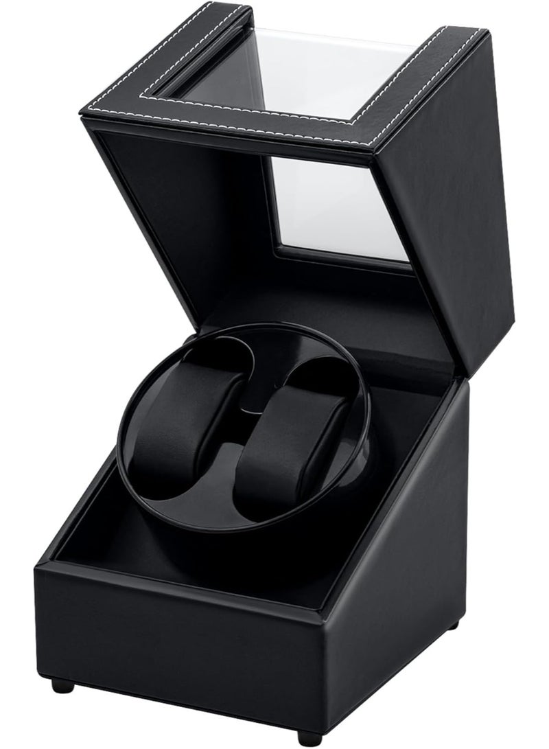 كيل › 2 فتحات لملف الساعات الأوتوماتيكية، صندوق مزدوج لملف الساعات الأوتوماتيكية بمحرك هادئ، صندوق عرض وتخزين وتدوير الساعات الأوتوماتيكية (جلد PU أسود) - Image 1