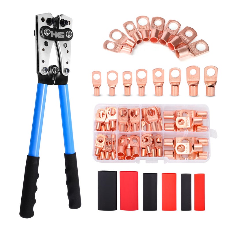 HKS Battery Cable Lug Crimping Tool 101 AWG 60Pcs Copper Ring Terminals 60Pcs 31 Heat Shrink Tubing Heavy Duty Wire Crimper Set for Battery Cables