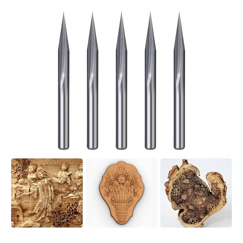 HUHAO 5PCS CNC Wood Carving Router Bit Set20 Degree Engraving 18 Inch Shank V Bit 2 Flute 01mm Tip Carbide V Bit for Acrylic Metals Wood MDF PVC - Image 2