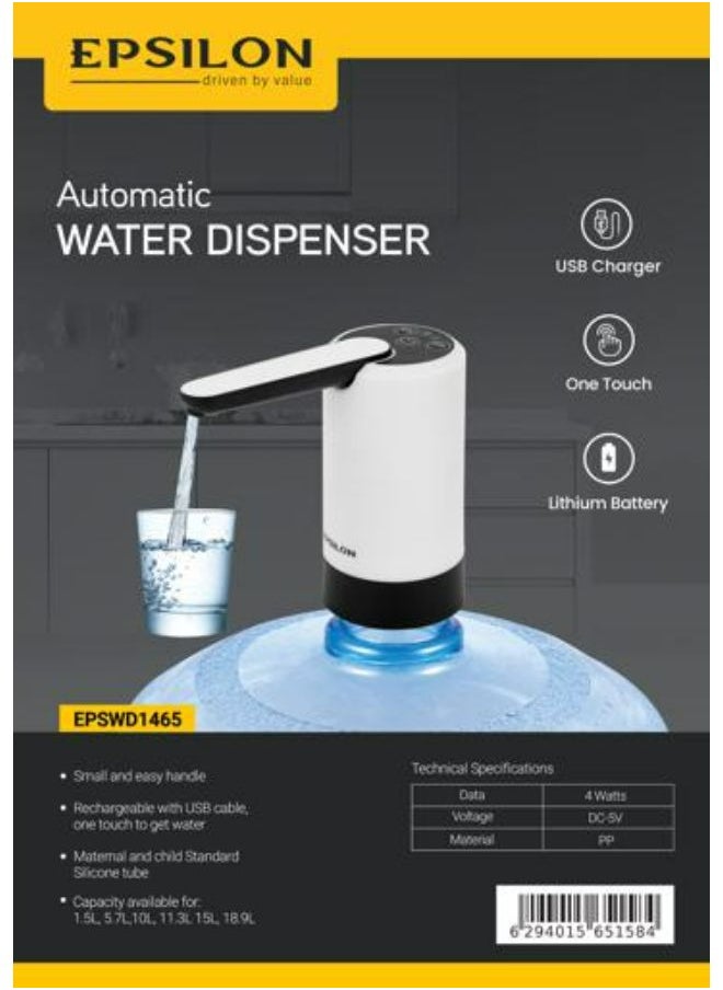 Epsilon - Epsilon Automatic Water Dispenser- EPSWD1465| Simple Installation,  Can be Used at Home and Office| Portable and Light-Weight Dispenser with Easy One Touch Mechanism and USB Charging| White - Image 1