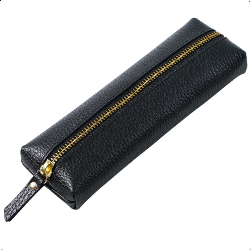 أكس سبرينج حافظة أقلام، حافظة أقلام من الجلد الطبيعي، حقيبة أقلام محمولة من جلد البقر بسحاب، منظم أدوات مكتبية بسيط ومتين، حقيبة أقلام سوداء ناعمة وبسيطة للبالغين والطلاب والمراهقين والكتاب - Image 1