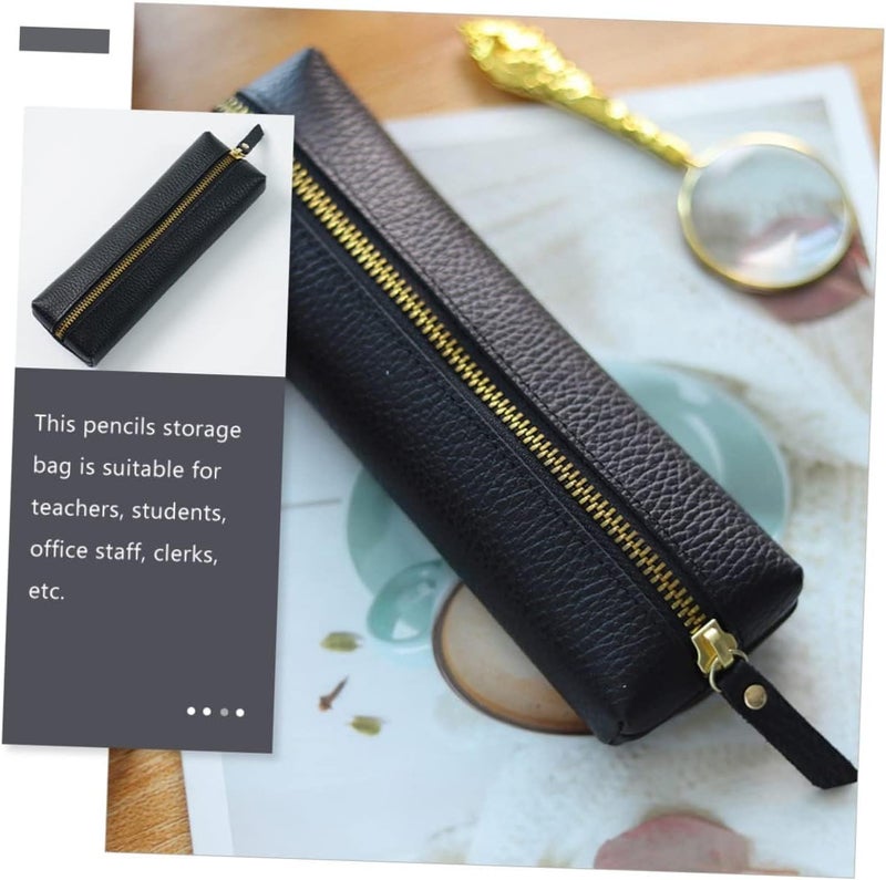 أكس سبرينج حافظة أقلام، حافظة أقلام من الجلد الطبيعي، حقيبة أقلام محمولة من جلد البقر بسحاب، منظم أدوات مكتبية بسيط ومتين، حقيبة أقلام سوداء ناعمة وبسيطة للبالغين والطلاب والمراهقين والكتاب - Image 2