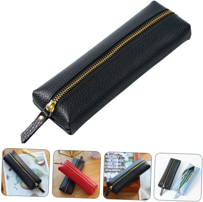 أكس سبرينج حافظة أقلام، حافظة أقلام من الجلد الطبيعي، حقيبة أقلام محمولة من جلد البقر بسحاب، منظم أدوات مكتبية بسيط ومتين، حقيبة أقلام سوداء ناعمة وبسيطة للبالغين والطلاب والمراهقين والكتاب - Image 5