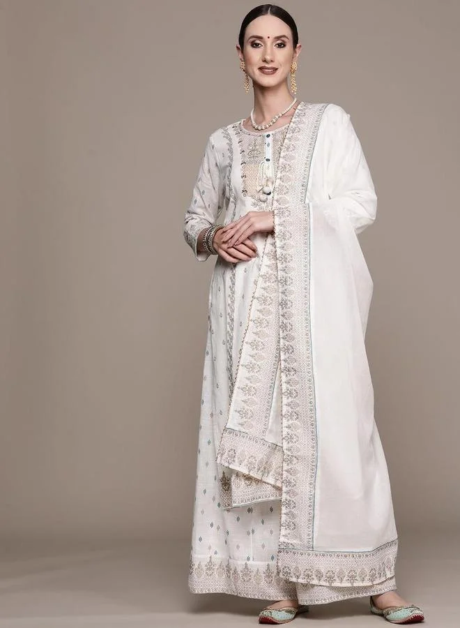 آي شين طقم كورتا وبنطال مع شال بلون أوف وايت بخامة رايون