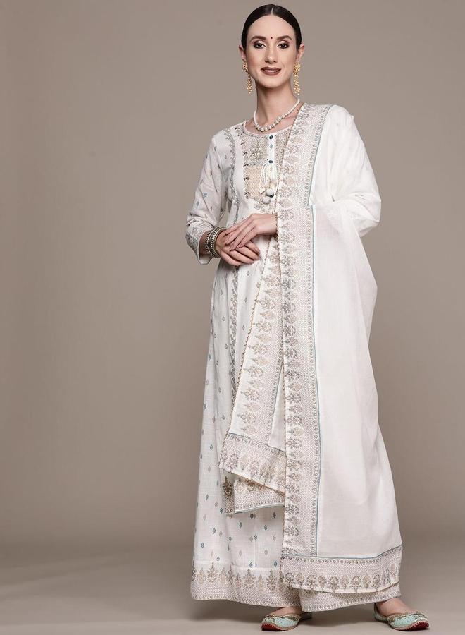 آي شين طقم كورتا وبنطال مع شال بلون أوف وايت بخامة رايون - Image 1