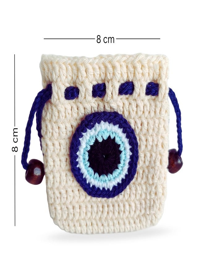 TOJE Crochet Evil Eye Drawstring Pouch | Handmade Earphone & Mini Storage Bag | Multipurpose Gift Pouch for Men Women | Beige & Blue | 8×8 cm - Image 2