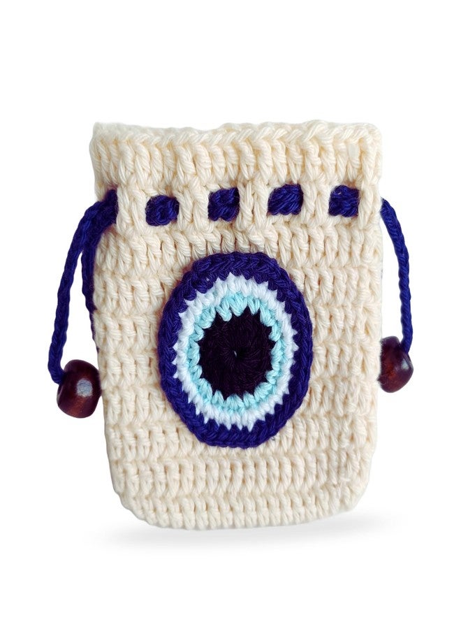 TOJE Crochet Evil Eye Drawstring Pouch | Handmade Earphone & Mini Storage Bag | Multipurpose Gift Pouch for Men Women | Beige & Blue | 8×8 cm - Image 1