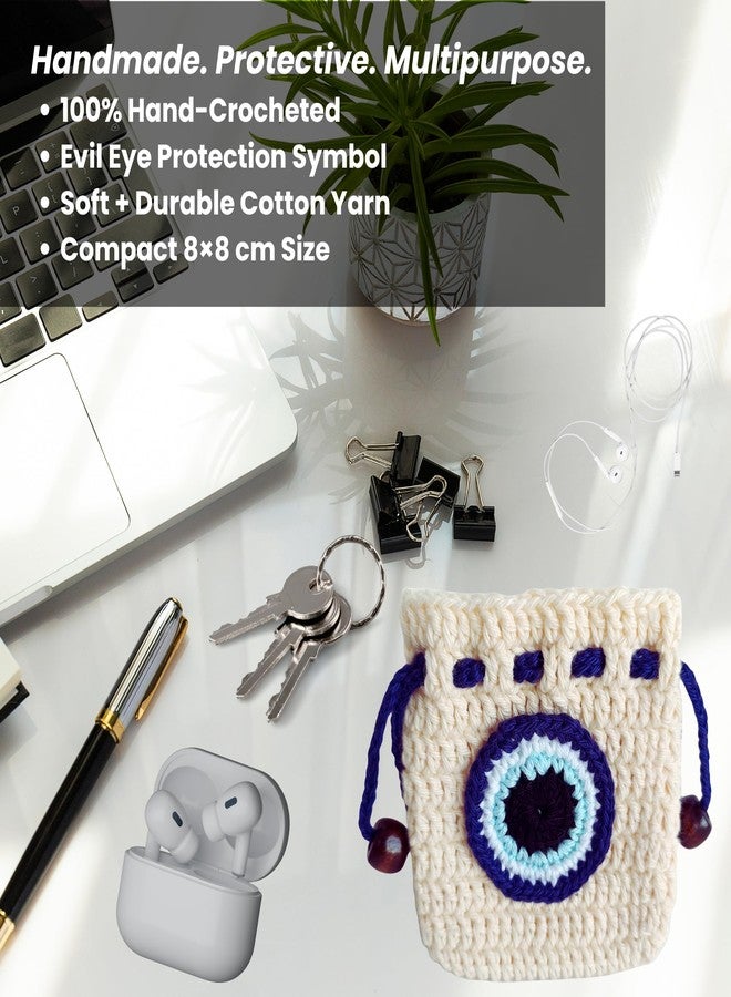 TOJE Crochet Evil Eye Drawstring Pouch | Handmade Earphone & Mini Storage Bag | Multipurpose Gift Pouch for Men Women | Beige & Blue | 8×8 cm - Image 4