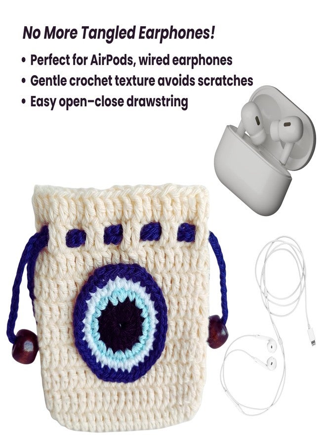 TOJE Crochet Evil Eye Drawstring Pouch | Handmade Earphone & Mini Storage Bag | Multipurpose Gift Pouch for Men Women | Beige & Blue | 8×8 cm - Image 5