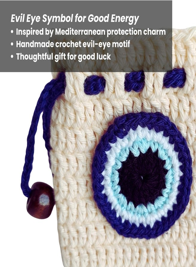 TOJE Crochet Evil Eye Drawstring Pouch | Handmade Earphone & Mini Storage Bag | Multipurpose Gift Pouch for Men Women | Beige & Blue | 8×8 cm - Image 3