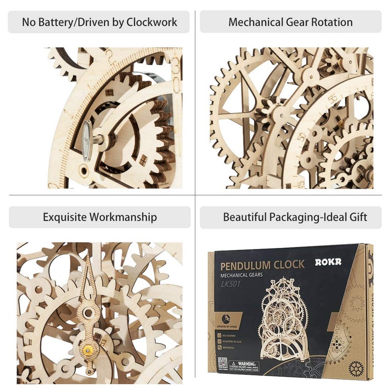 ROKR 3D Wooden Mechanical Pendulum Clock Puzzle,Mechanical Gears Toy Building Set,Family Wooden Craft KIT Supplies-Best Birthday Gifts for Kids Adults to Build - Image 3