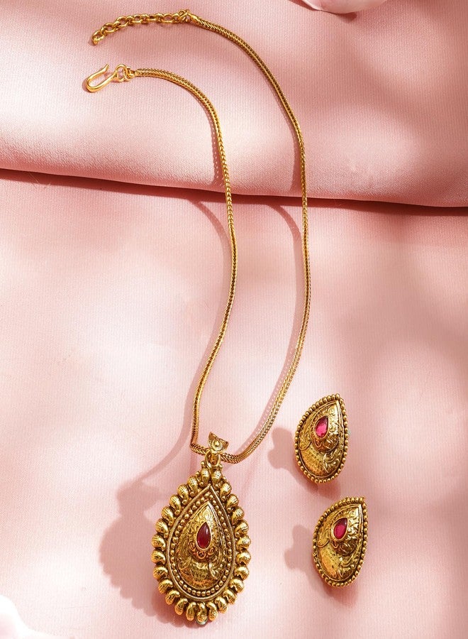 Rubans Gold Plated Pendant Set Traditional Jewellery Teardrop Ruby Pink Stone Gift for Women & Girls - Image 4