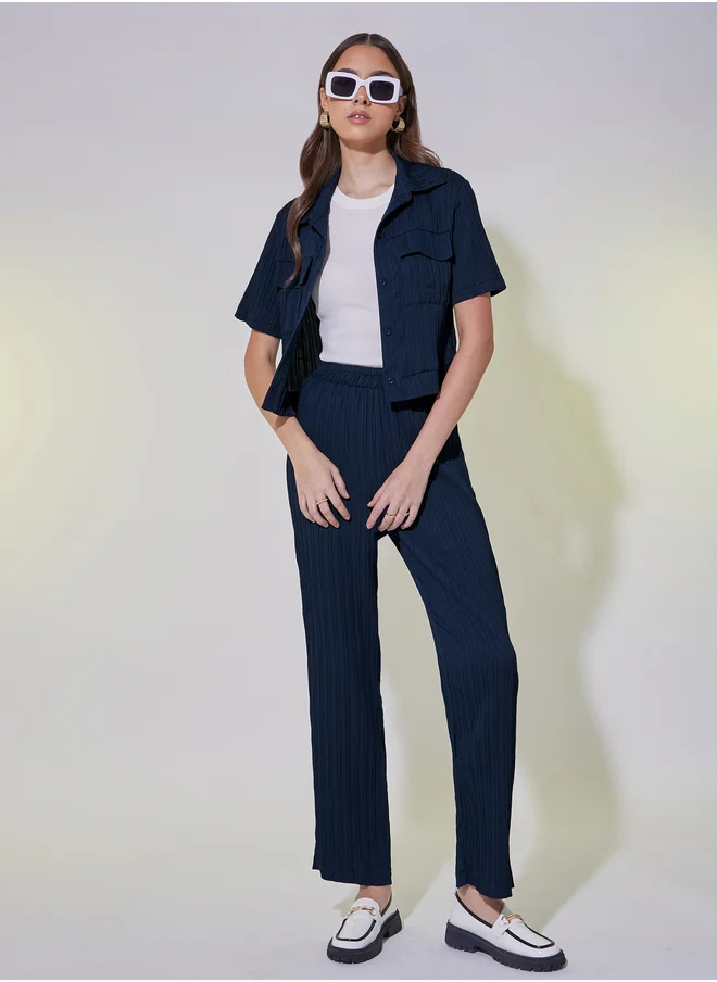 Styli Textured Crop Shirt and Pants Co-Ords
