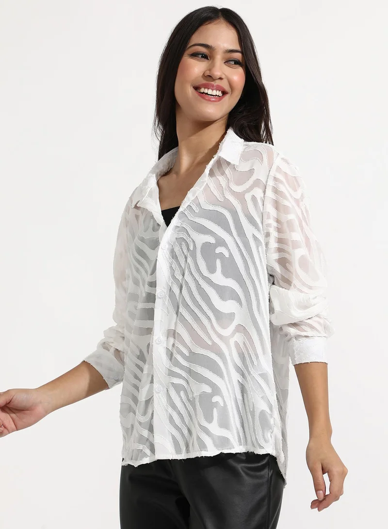 Campus Sutra Women's Daisy White Textured Sheer Shirt