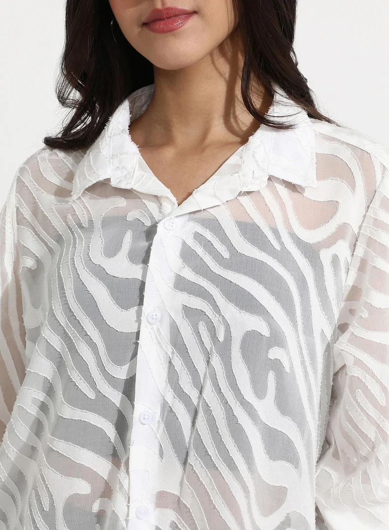 Campus Sutra Women's Daisy White Textured Sheer Shirt