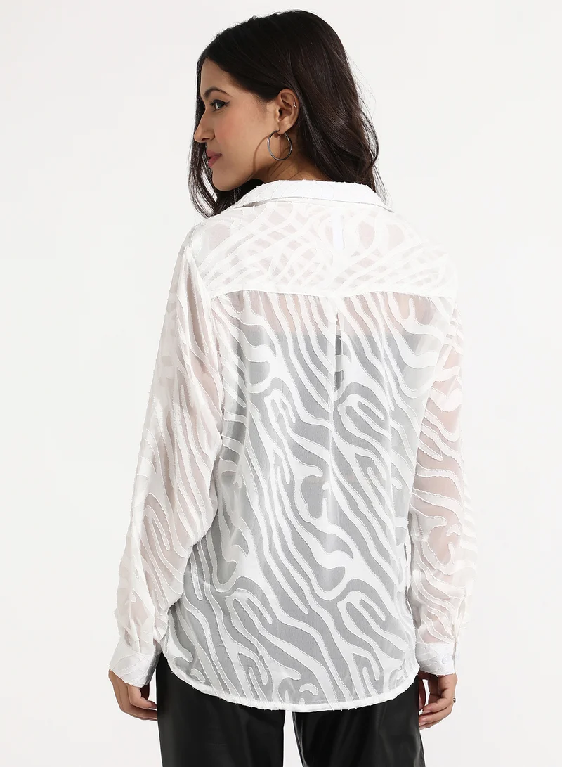 Campus Sutra Women's Daisy White Textured Sheer Shirt