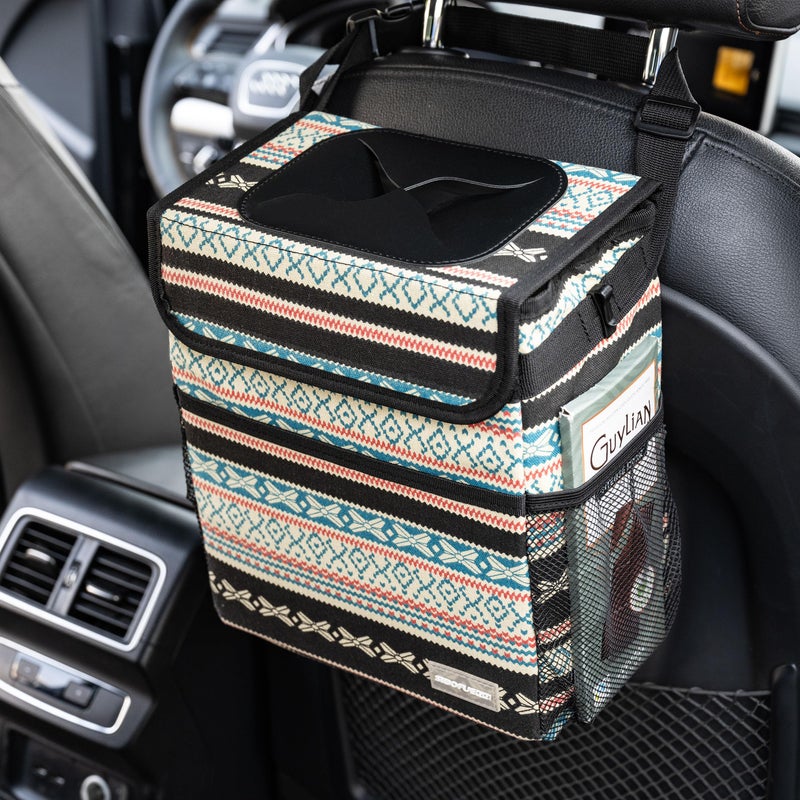 SIBOFUEGO Car Garbage Can Cute - Leak-Proof Car Trash Can with Lid and Storage Pockets, Car Trash Bin for Men and Women, Boho Aztec Essentials: Must-Have Car Interior Accessories (Beige Aztec Motif) - Image 1