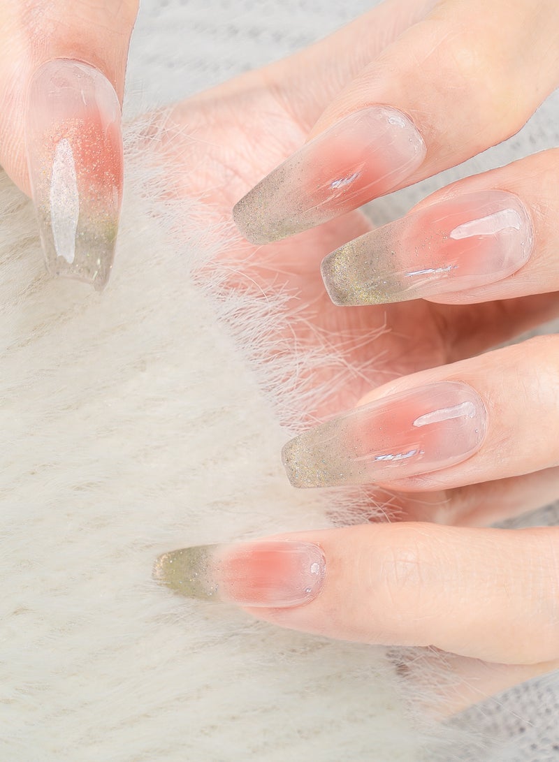 Nailosophy 10 Pcs Handmade Gel Press On Nails Coffin Long Peachy Pink Ombre Gold Glitter Reusable False Nails Nail Kit for Women Party Wedding Eid Special Occasions - Image 2
