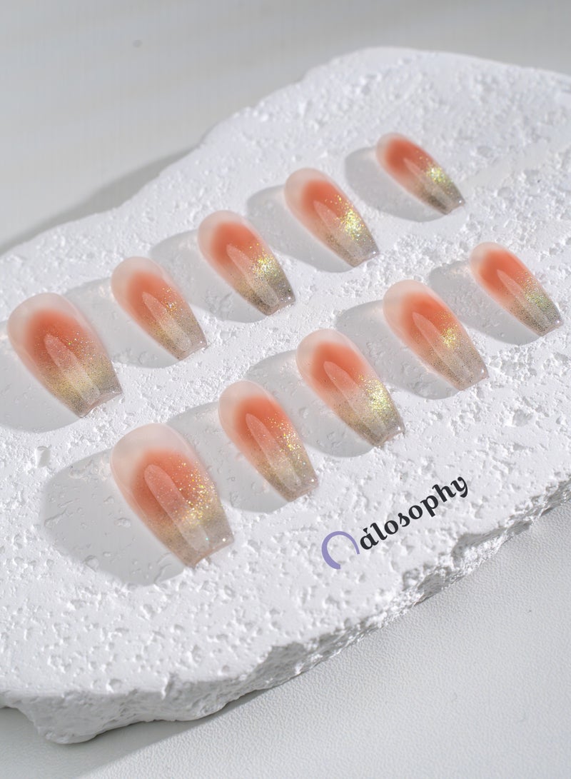 Nailosophy 10 Pcs Handmade Gel Press On Nails Coffin Long Peachy Pink Ombre Gold Glitter Reusable False Nails Nail Kit for Women Party Wedding Eid Special Occasions - Image 3