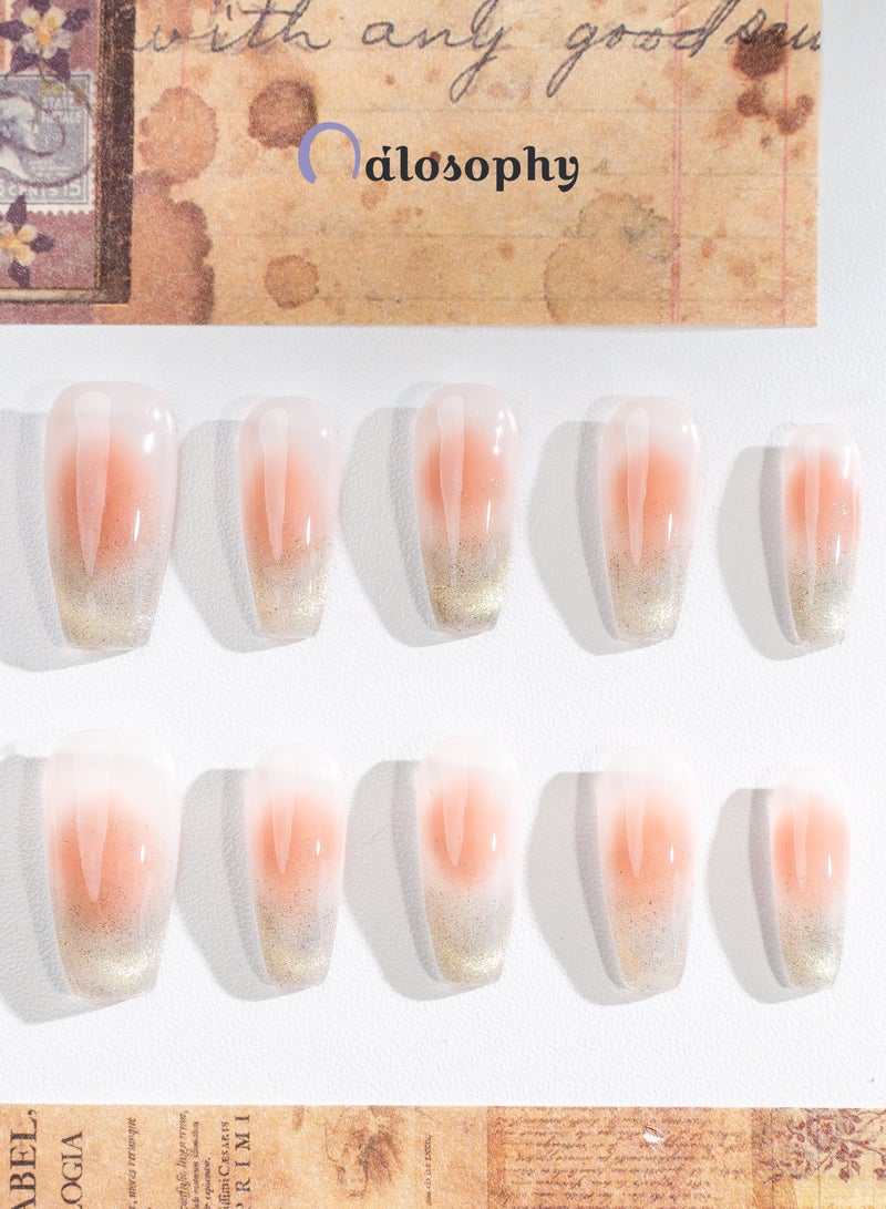 Nailosophy 10 Pcs Handmade Gel Press On Nails Coffin Long Peachy Pink Ombre Gold Glitter Reusable False Nails Nail Kit for Women Party Wedding Eid Special Occasions - Image 4