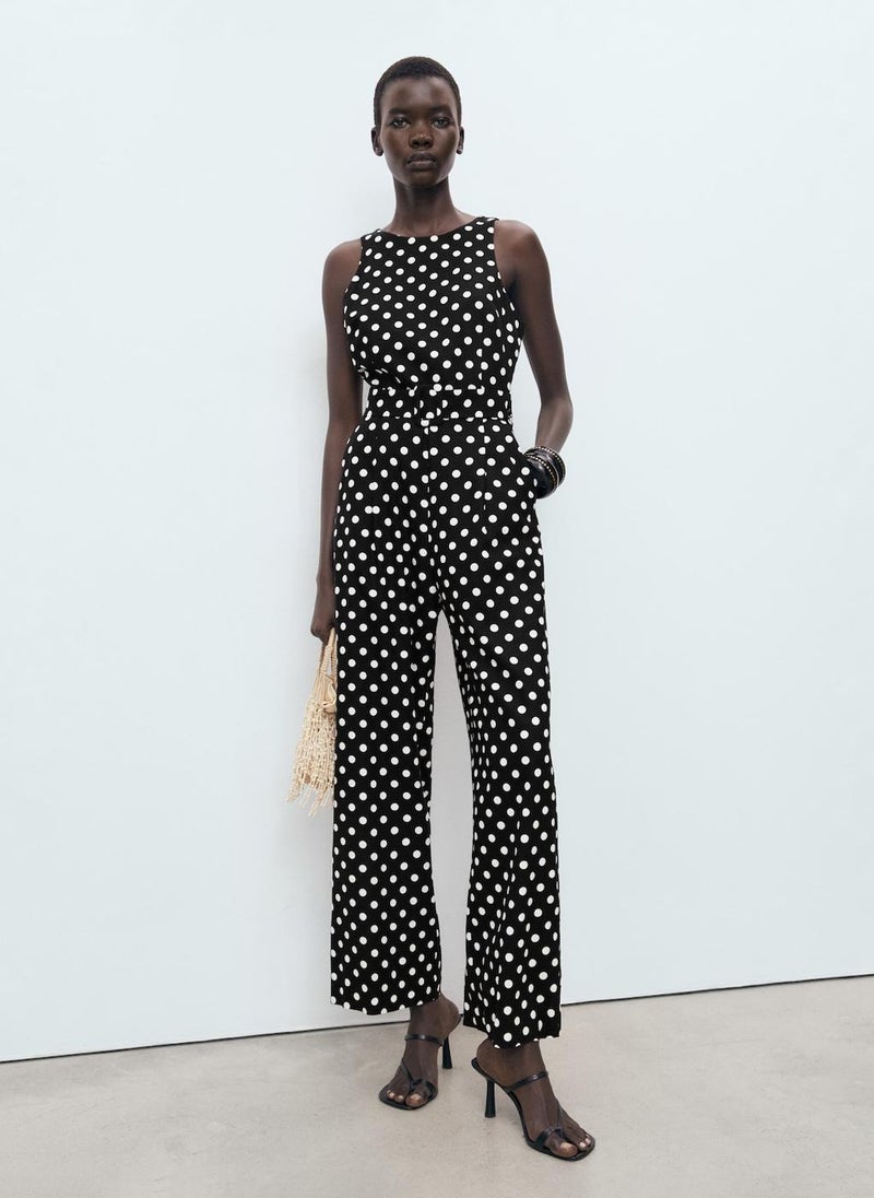 MANGO Linen jumpsuit with polka-dot belt - Image 1