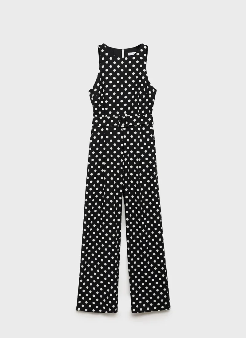 MANGO Linen jumpsuit with polka-dot belt