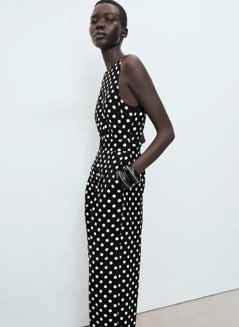 MANGO Linen jumpsuit with polka-dot belt