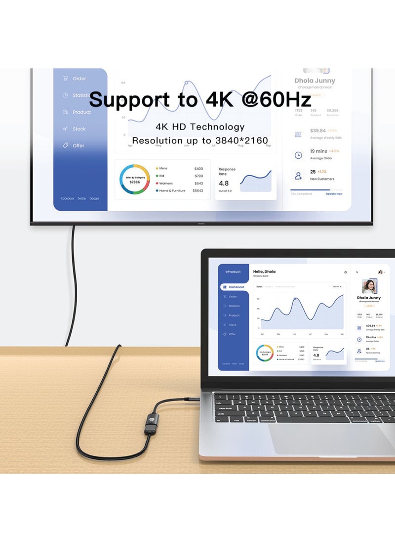 جرين ليون - كابل محول USB-C إلى HDMI بدقة 4K / توافق واسع النطاق / التوصيل والتشغيل / الوضع الممتد / وضع المرآة - أسود - Image 1