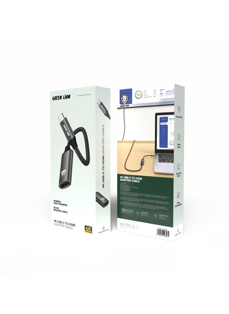 جرين ليون - كابل محول USB-C إلى HDMI بدقة 4K / توافق واسع النطاق / التوصيل والتشغيل / الوضع الممتد / وضع المرآة - أسود - Image 1
