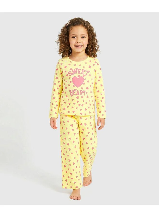 Primo Gino Primo Gino 100% Cotton Knit Full Sleeves T-Shirt & Pyjama Night Suit With Heart & Text Print - Light Yellow