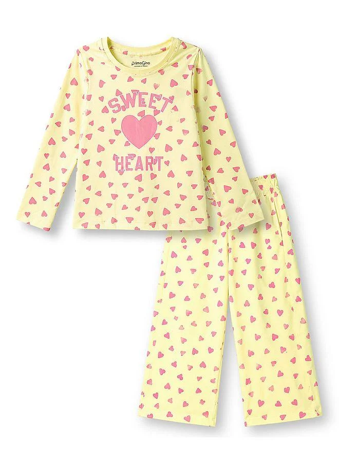 Primo Gino Primo Gino 100% Cotton Knit Full Sleeves T-Shirt & Pyjama Night Suit With Heart & Text Print - Light Yellow