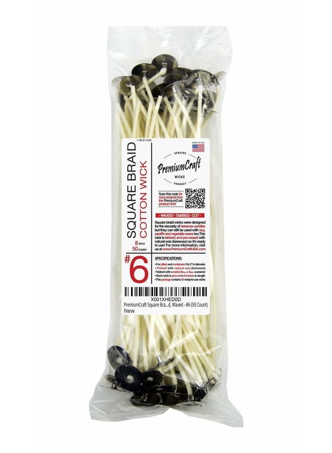 Square Braid Cotton Candle Wick - #6, Tabbed, Waxed (50 Count)