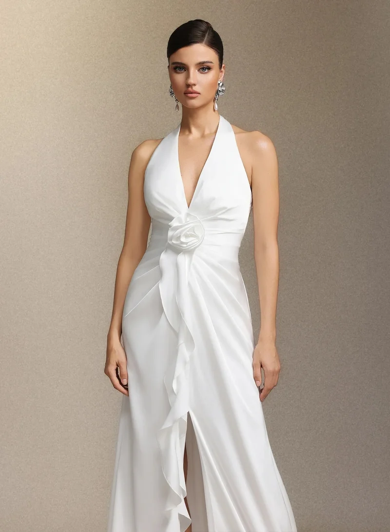 Bella Barnett Salla Ruthie Halter-neck three-dimensional flower ruffled cinched waist maxi dress