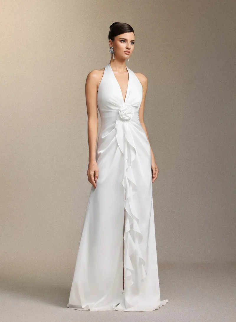 Bella Barnett  Salla Ruthie Halter-neck three-dimensional flower ruffled cinched waist maxi dress for Women | Best Price UAE