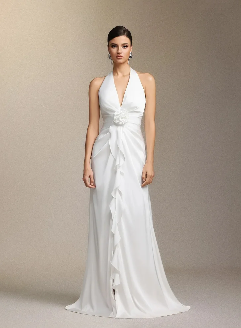 Bella Barnett Salla Ruthie Halter-neck three-dimensional flower ruffled cinched waist maxi dress