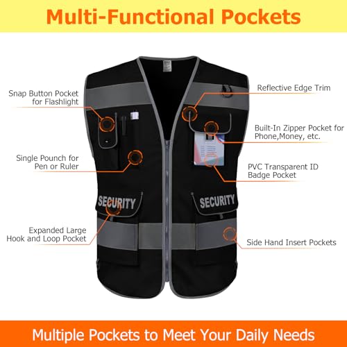 TCCFCCT Security Vest for Men Women 9 Pockets High Visibility Reflective Safety Vest, Hi Vis Vest with Reinforced Sewing, Durable to Use, Meets ANSI/ISEA, (G100S-Black, 4XL) - Image 3