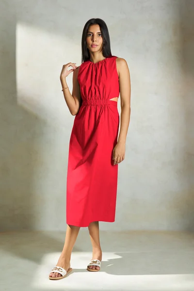 فيرجيو Cotton Elastic Vacation Waist Cutout Midi Dresses for Women