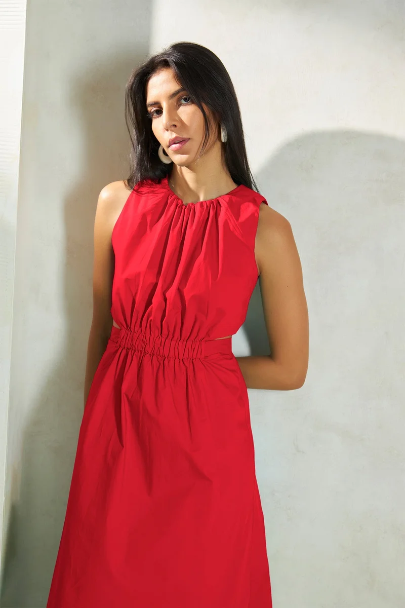 فيرجيو Cotton Elastic Vacation Waist Cutout Midi Dresses for Women