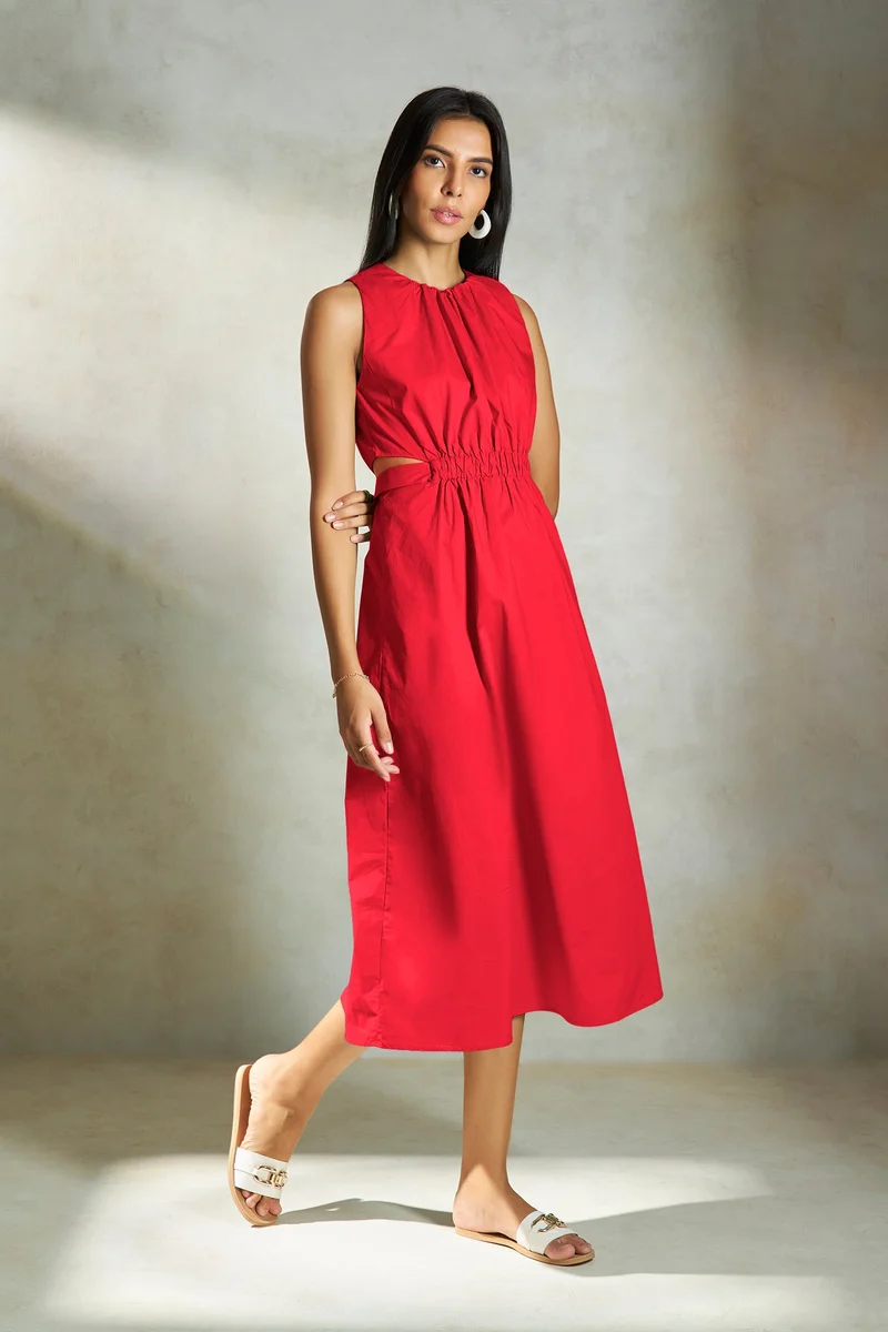 فيرجيو Cotton Elastic Vacation Waist Cutout Midi Dresses for Women