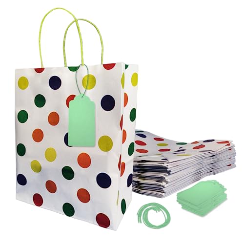 Suffix Retail Polka Dots Rainbow, White Paper Bags For Return Gifts With Gift Tags & Threads/Gift Bags For Corporate Events (12X8.7X3 Inches) | Party Favor Bags (Pack Of 50) - Image 1