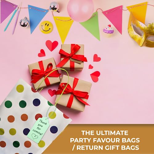 Suffix Retail Polka Dots Rainbow, White Paper Bags For Return Gifts With Gift Tags & Threads/Gift Bags For Corporate Events (12X8.7X3 Inches) | Party Favor Bags (Pack Of 50) - Image 2