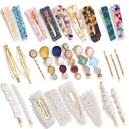 MagicSky 28 PCS Hingwah Pearls and Acrylic Resin Hair Clips, Handmade Hair Barrettes, Marble Alligator bobby pins, Glitter Crystal Geometric Hairpin, Elegant Gold Hair Accessories, Gifts for Women Girls - Image 1