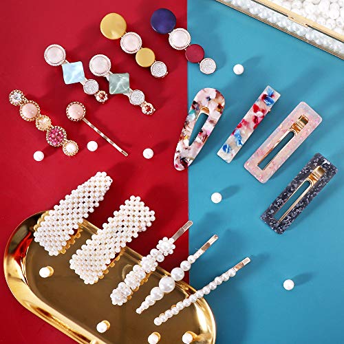 MagicSky 28 PCS Hingwah Pearls and Acrylic Resin Hair Clips, Handmade Hair Barrettes, Marble Alligator bobby pins, Glitter Crystal Geometric Hairpin, Elegant Gold Hair Accessories, Gifts for Women Girls - Image 2