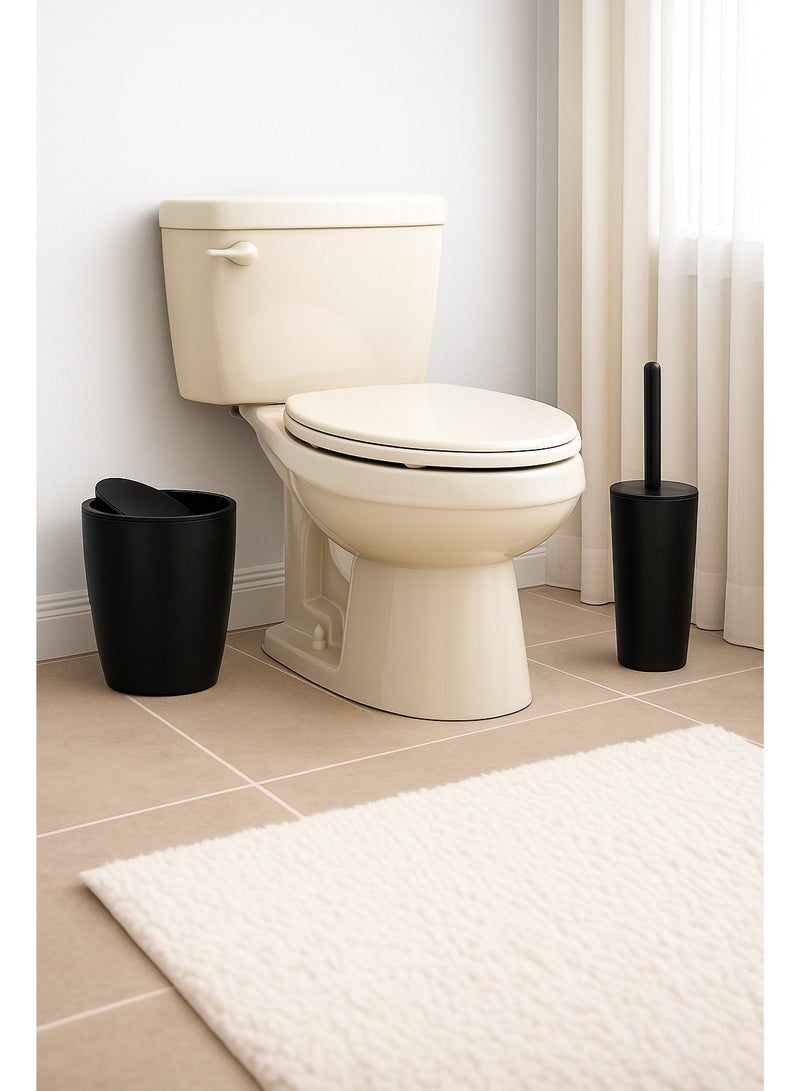 بريمانوفا طقم حمام بلاستيك قطعتين بغطاء سوينغ – سلة نفايات 7.5 لتر مع فرشاة تواليت بحامل، بلاستيك مطفي للحمام والمطبخ (أسود) - Image 2