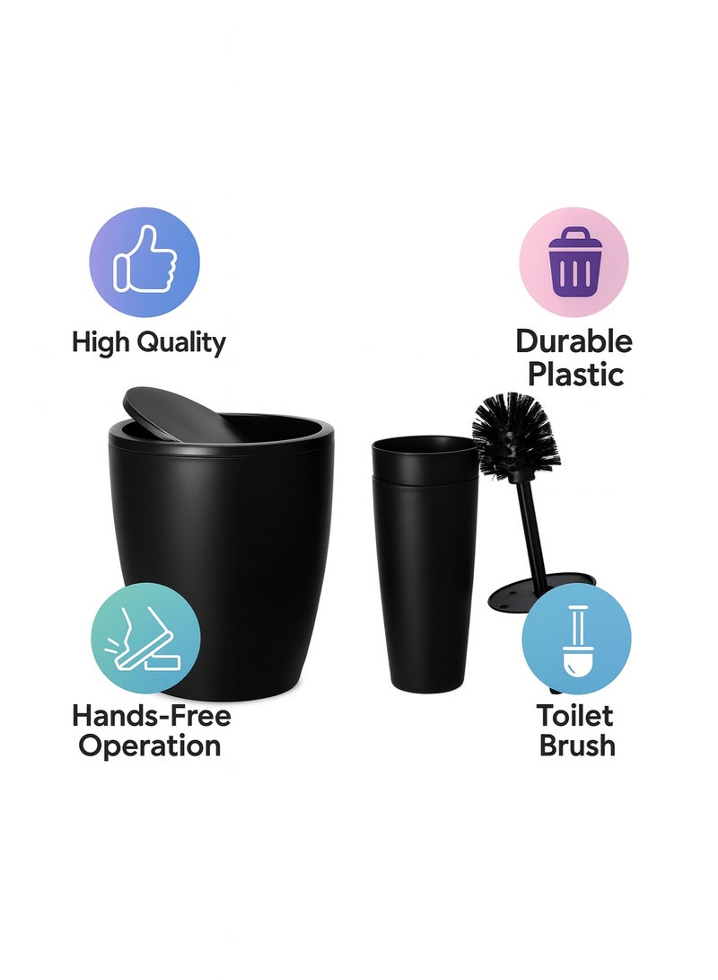 بريمانوفا طقم حمام بلاستيك قطعتين بغطاء سوينغ – سلة نفايات 7.5 لتر مع فرشاة تواليت بحامل، بلاستيك مطفي للحمام والمطبخ (أسود) - Image 4