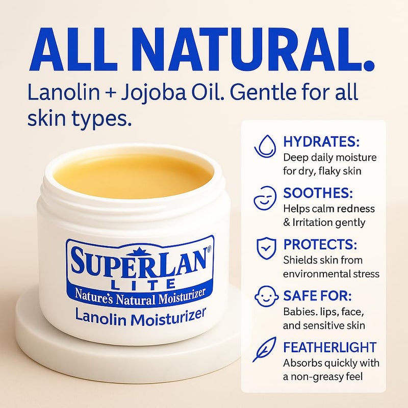 superlan Moisturizer Lanolin Cream 1 oz with Jojoba Oil for Hot, Dry & Cold Weather - Lightweight Creamy Formula with Medical-Grade Lanolin & Jojoba Oil - Moisturizer for Hands, Feet, Body, and More - Image 2