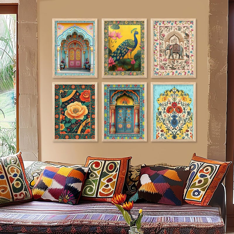 HOTHOUSE Indian Wall Art Home Decor Frames Framed Wall Painting for Home Room Bedroom Office Wall Dcor Wall Paintings For Home Decoration Pichwai Art Painting for Wall Decoration Wall Poster With frames Traditional Indian Wall Art Madhubani Paintings for Living Room set of 6 Traditional 4 10x13 inch Framed