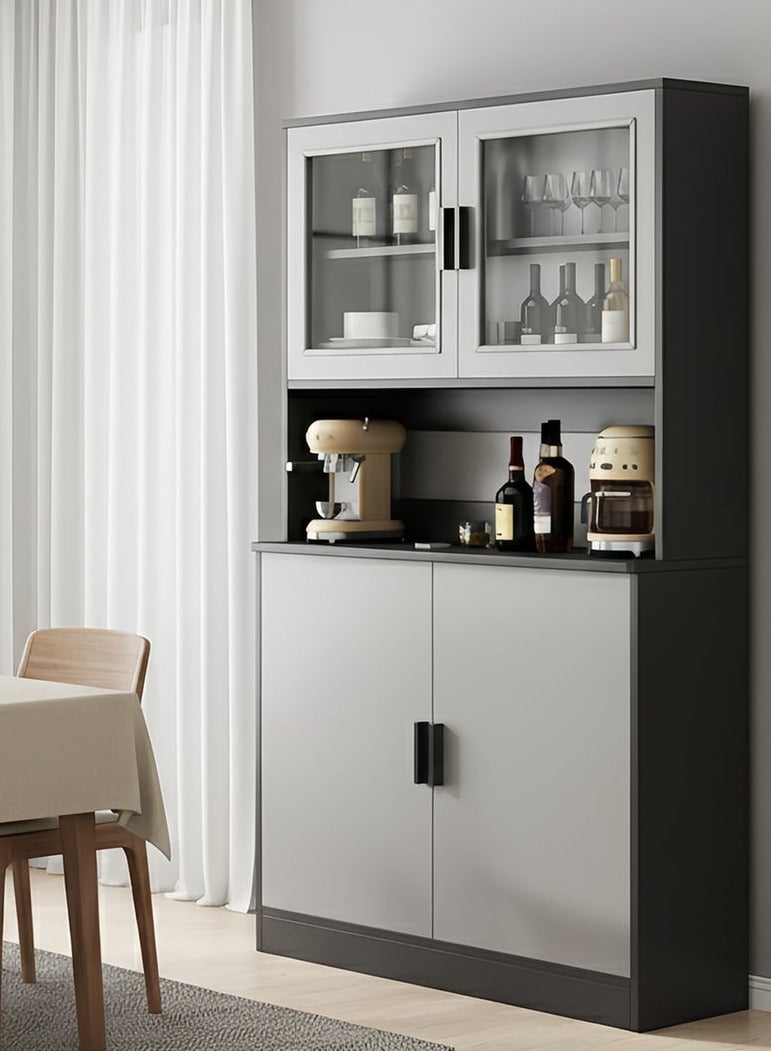 شاربدو شاربو خزانة بوفيه المطبخ الحديث الطويل مع أبواب زجاجية، لوحة جانبية 180 سم مع رفوف ميكروويف مفتوحة وتخزين مغلق، غرفة طعام حرة لغرفة المعيشة، مطبخ، 80x32x180CM - Image 1